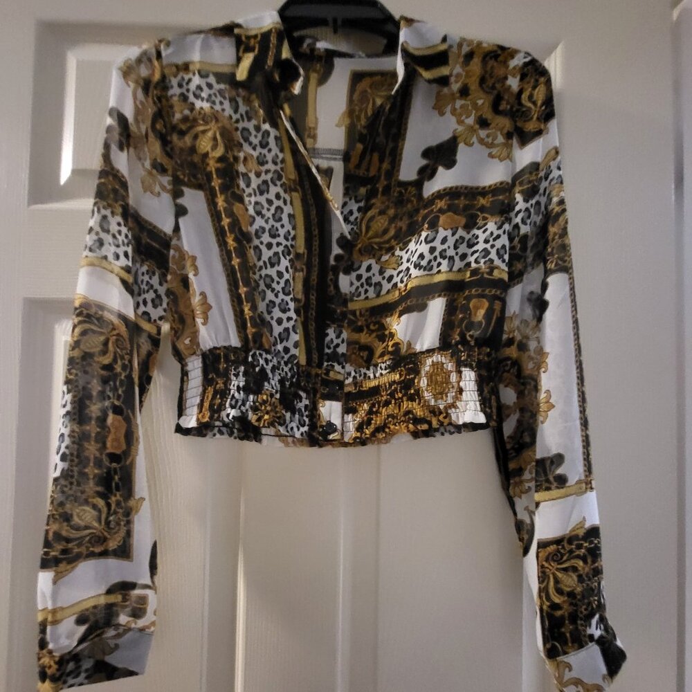 Timing Gorgeous Print Long Sleeve Semi-Sheer Button-Down Crop Top size Small